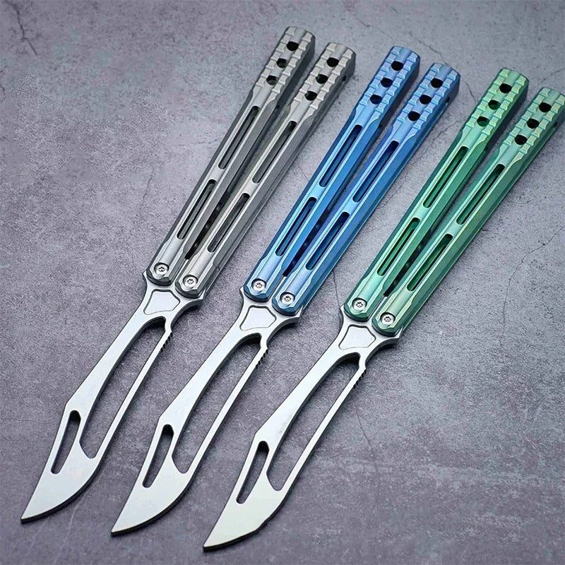 JK Design Orca Balisong Trainer Clone By TheOne, EDC Butterfly Training Knife Integral Stonewashed Titanium Handle Jackknife