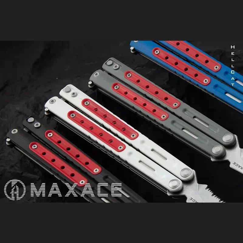 Maxace Hellcat Balisong Live Blade + Tuning Fork Butterfly Training Knife G10/Carbon Fiber Sandwich Handles Zen Pins Bushing